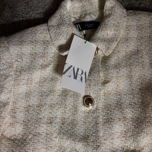 Zara  Metallic Tweed Jacket Cream Cropped Plaid Textured Blazer Shorts Set NWT